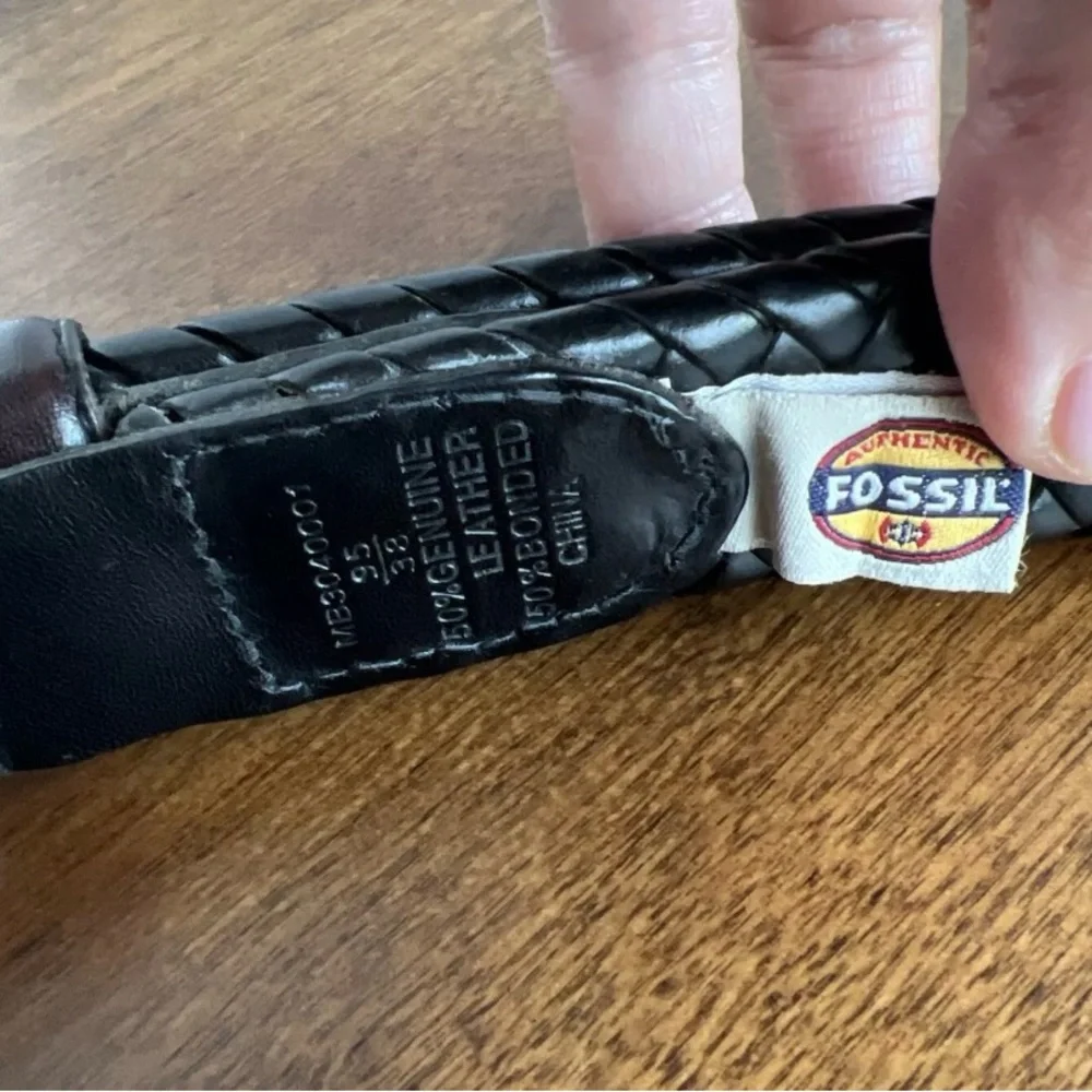 Fossil Belt Sz 95/38 Black Genuine Leather Silver Tone Buckle Braided MB3040001